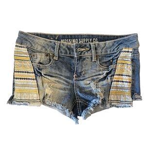 Mossimo Supply Co. Blue and Yellow Jean Shorts with Distressed Hem Denim
